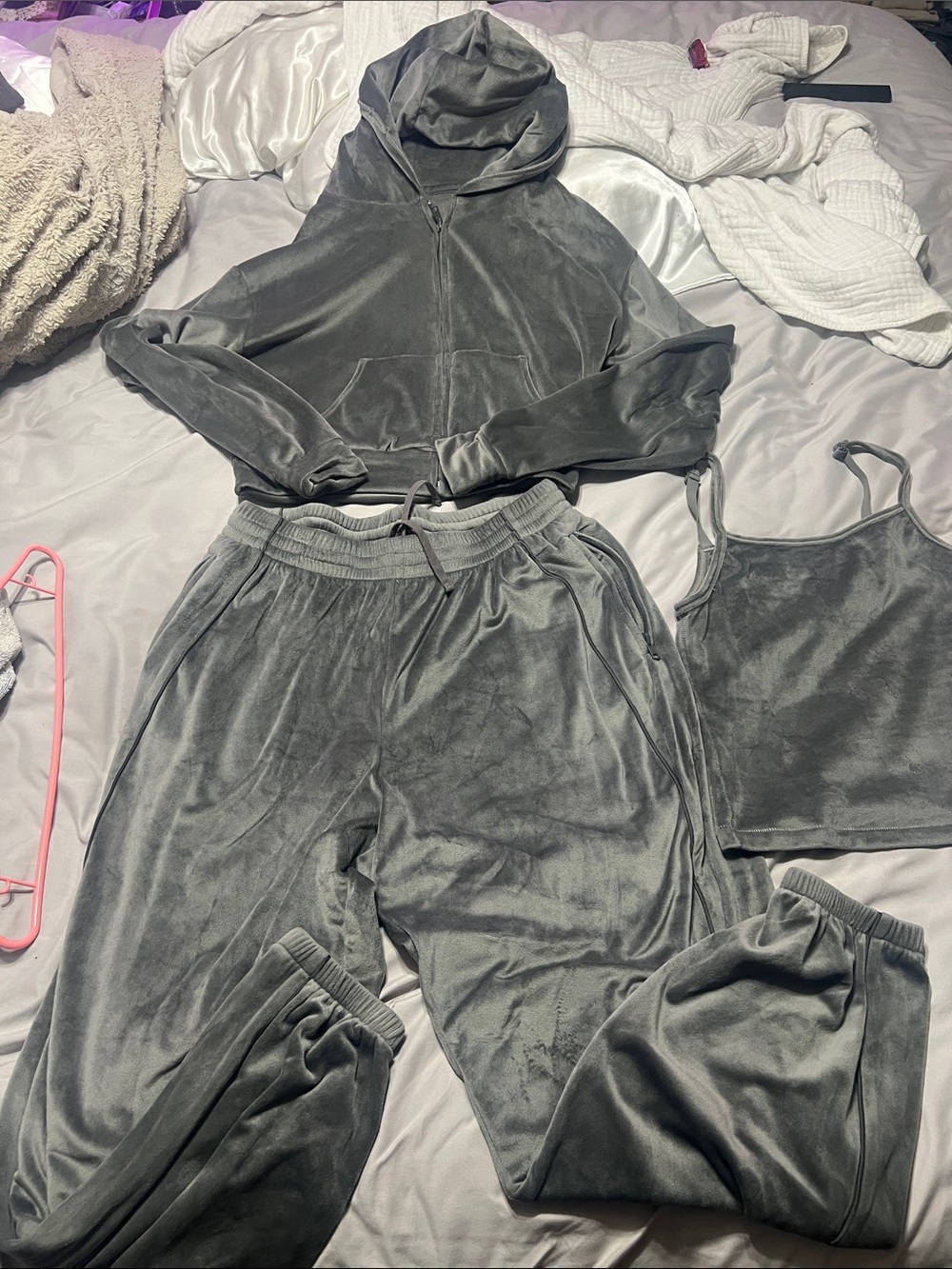 SKIMS Gray Velvet Jogger Set with Cropped Hoodie & Cami